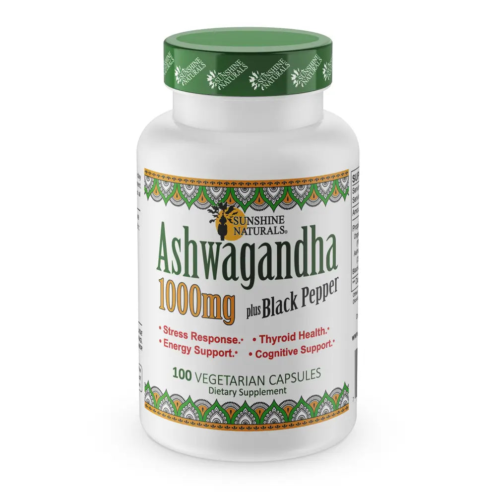 Ashwagandha plus Black Pepper 100 Veggie Capsules Sunshine Naturals