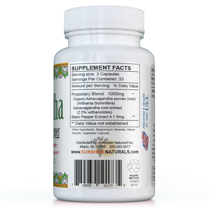 Ashwagandha plus Black Pepper 100 Veggie Capsules