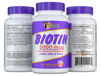 Biotin 5000 mcg plus Collagen for Hair, Skin, and Nails 90 Capsules