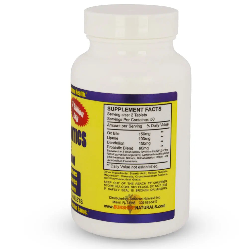 Super Probiotics Ox Bile Dandelion 100 Tablets Sunshine Naturals