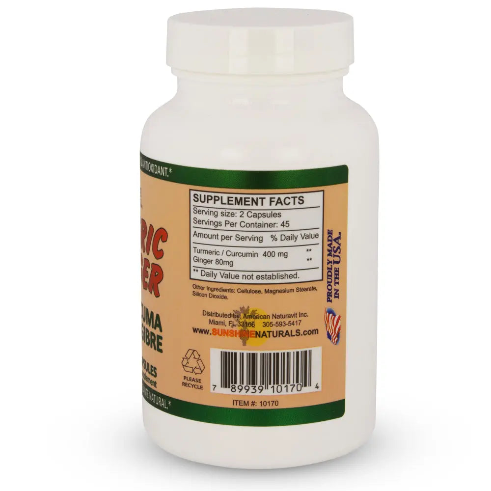Turmeric Curcuma plus Ginger 400 mg 90 Capsules Sunshine Naturals
