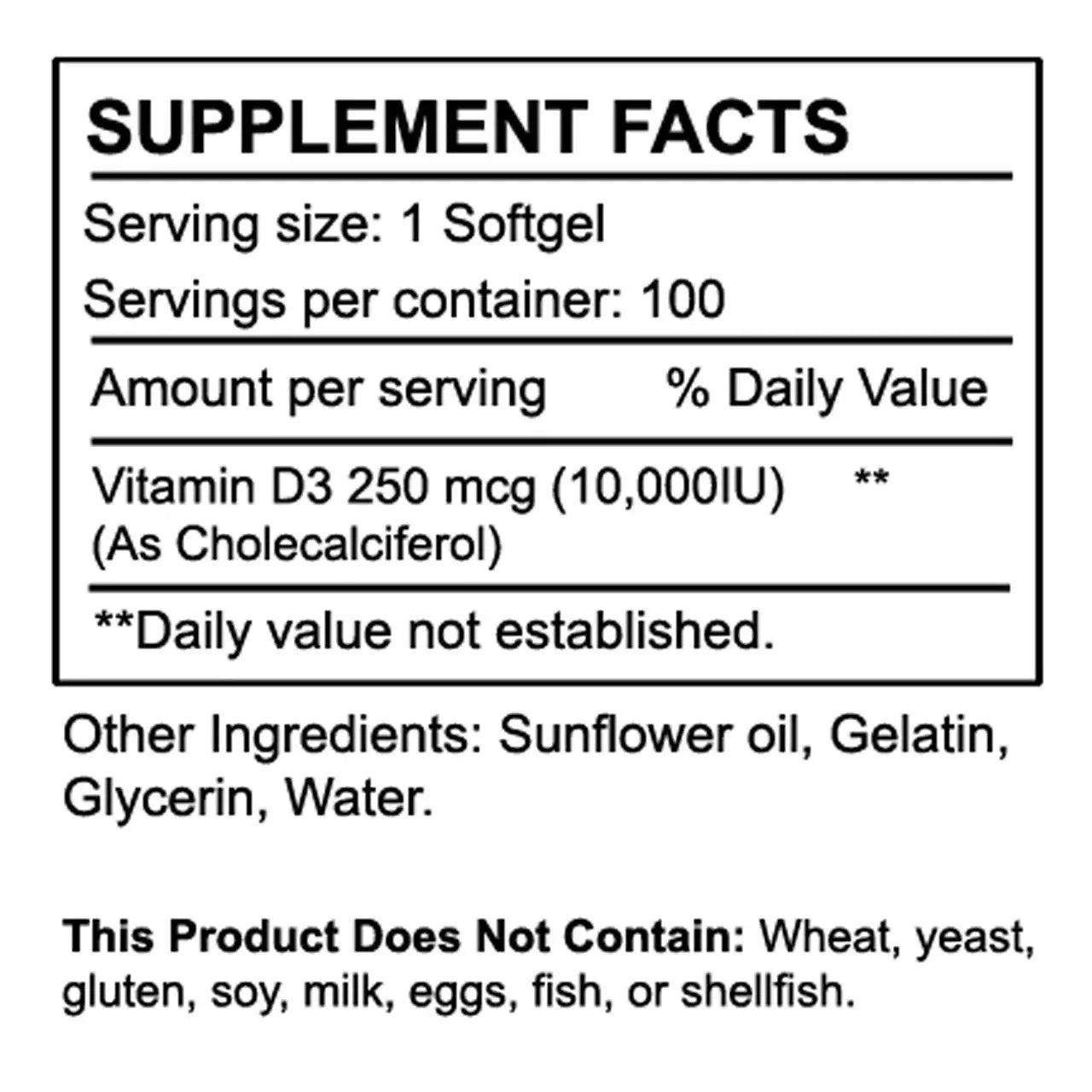 Vitamin D3 10,000 IU (250mcg) 100 Softgels Sunshinenaturals